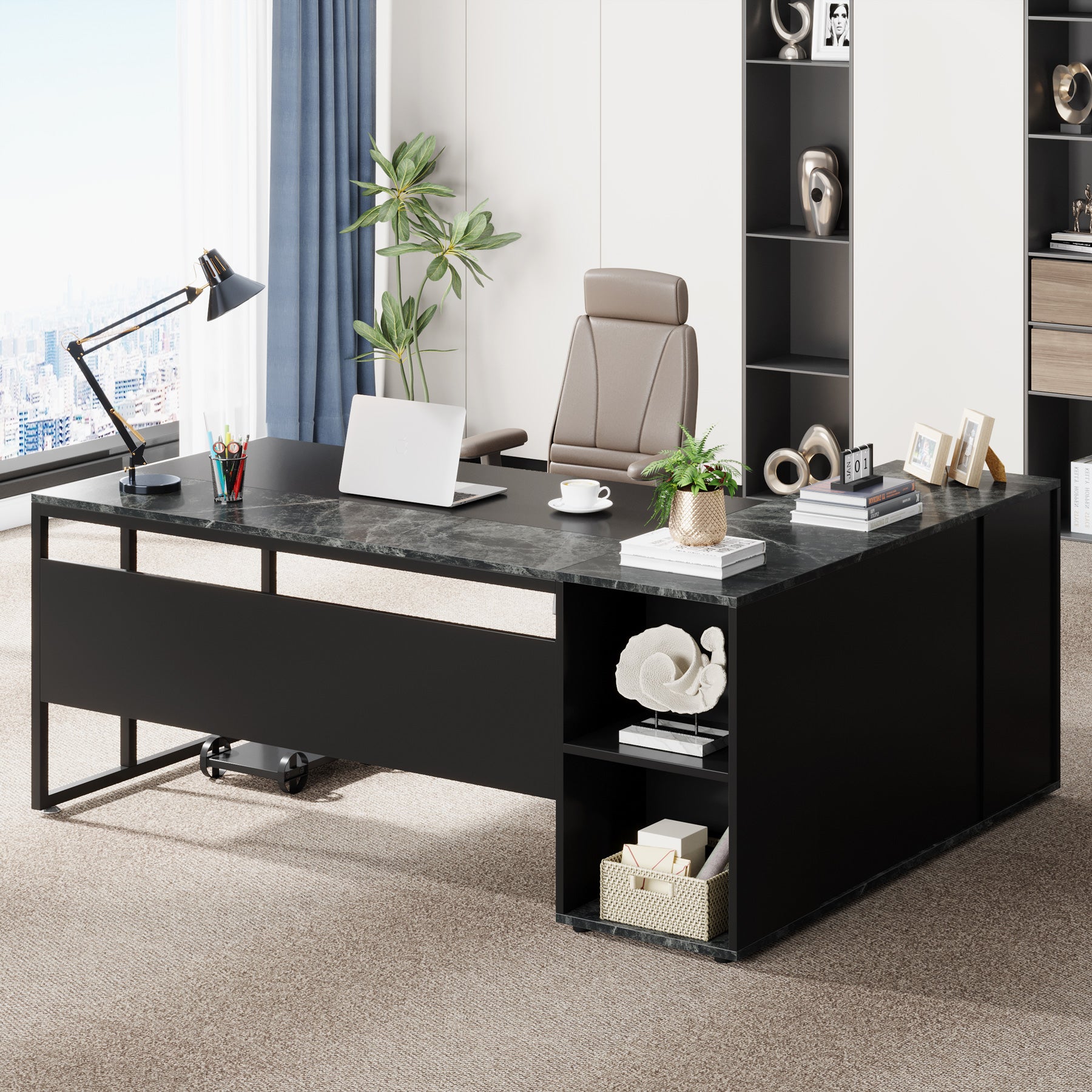 71" Executive L Shaped Computer Desk with Cabinet
